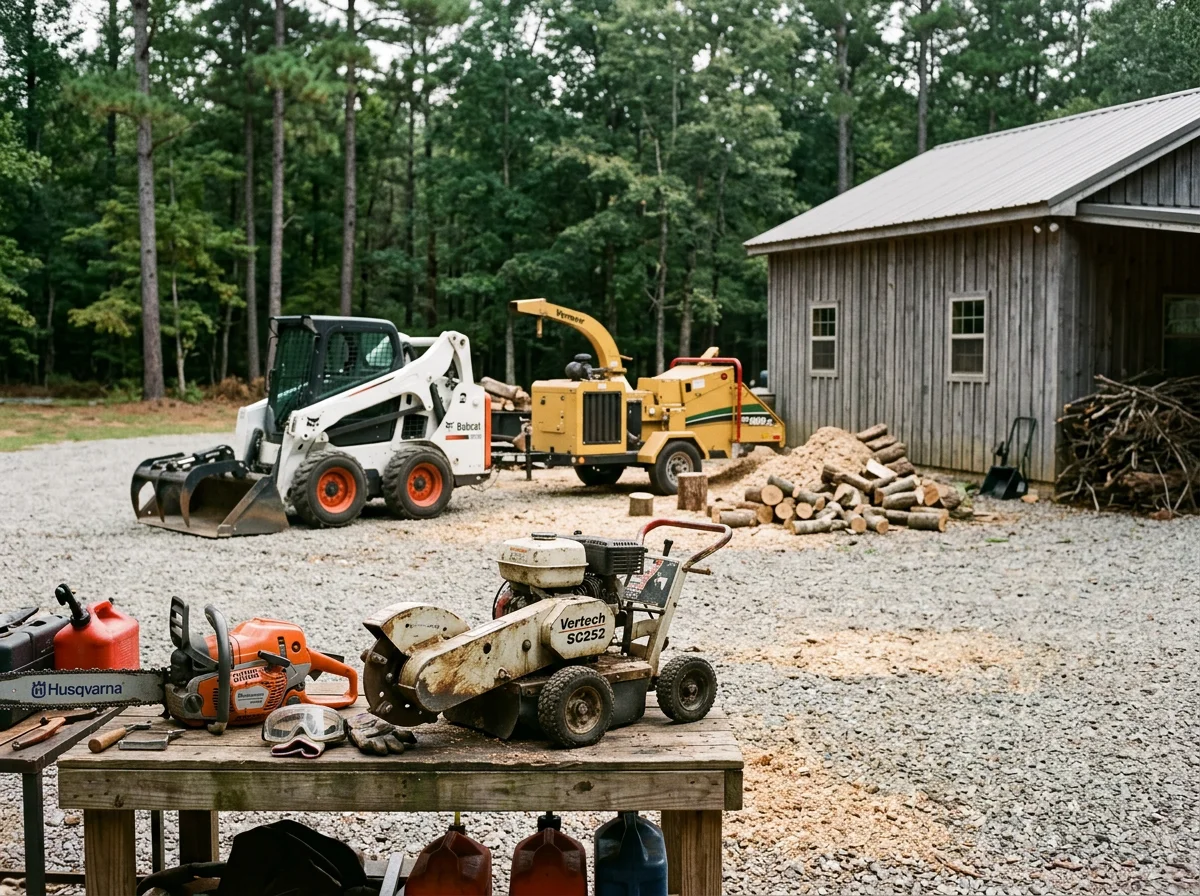 Professional tree service equipment and tools arranged on a work site, showcasing the machinery and gear used for tree removal and land clearing operations.