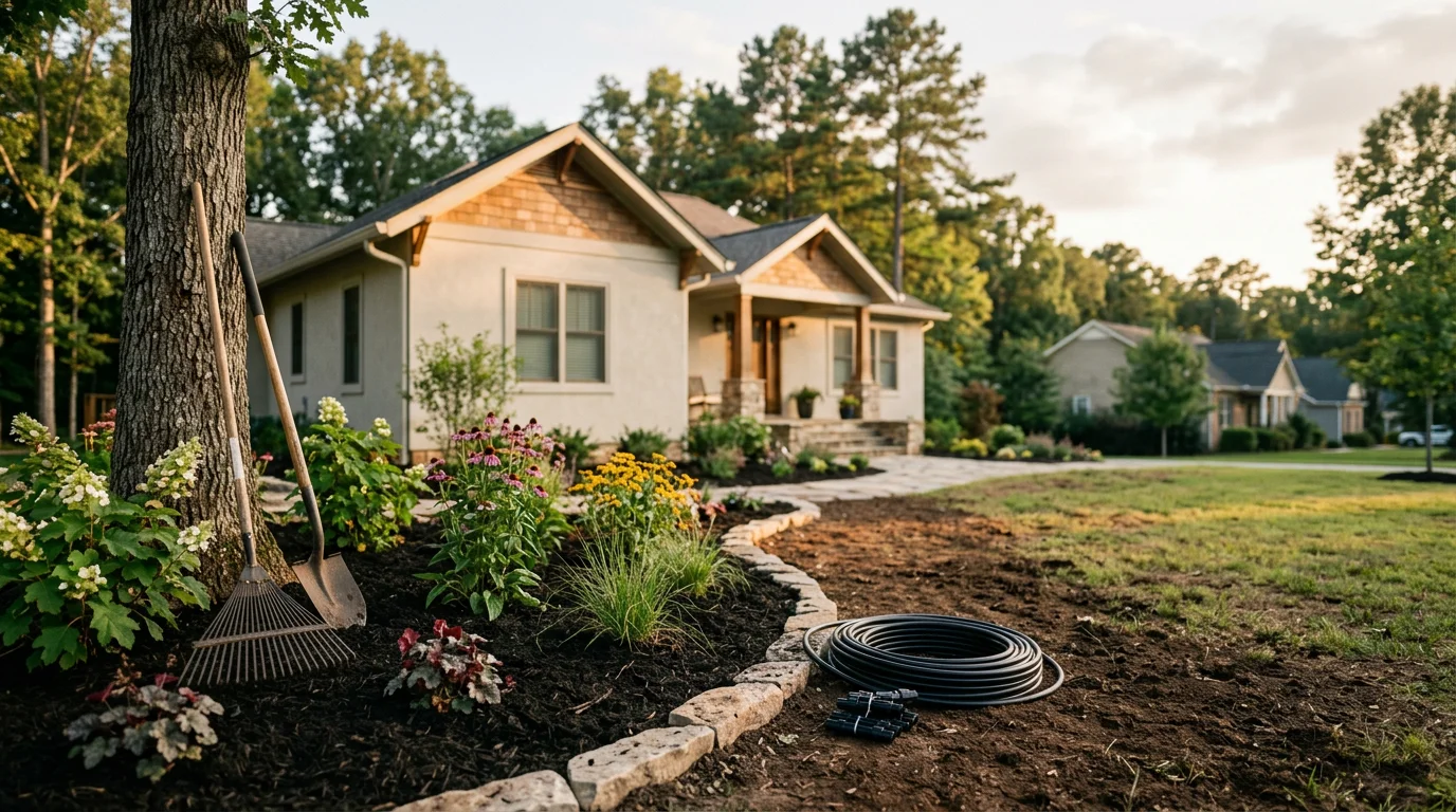 Newly installed landscape beds with shrubs and mulch in front of a residential home in Greer, SC