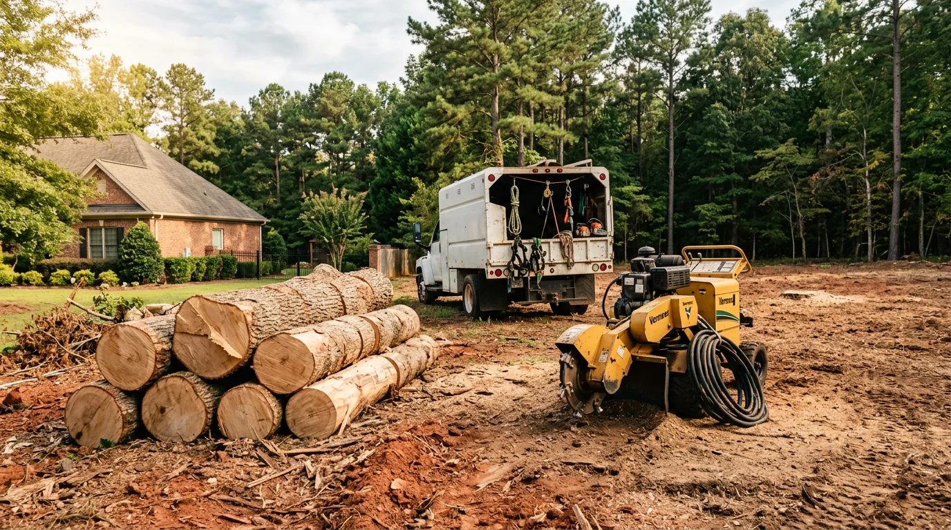 Professional arborist using climbing equipment to trim a large oak tree in Campobello, SC