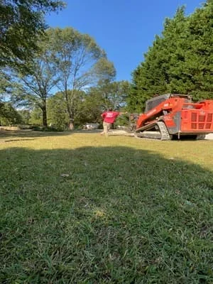 Tree removal equipment and cleared residential lot with mature trees and green grass