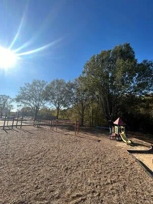 Cleared dirt arena with perimeter fencing, mature trees, and storage structure