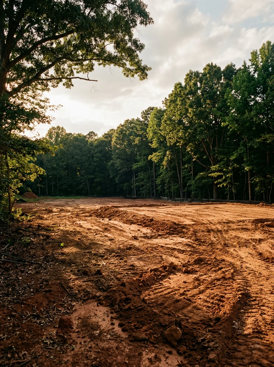 A freshly cleared and rough-graded homesite in Boiling Springs, SC with clay soil exposed and a tree line preserved along the rear property boundary.