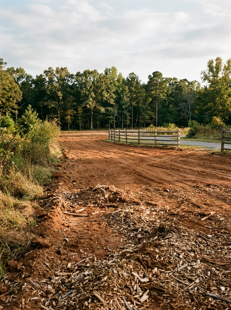 A cleared rural tract in Campobello, SC with fresh stump grindings visible and a mixed hardwood tree line preserved along the property edge.