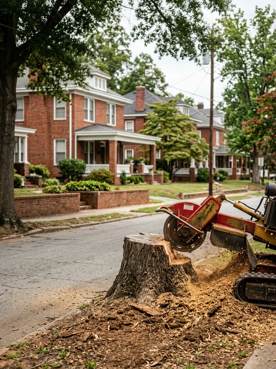 A stump grinder working on a large oak stump in a historic in-town Gaffney, SC neighborhood with early-20th-century brick homes visible nearby.