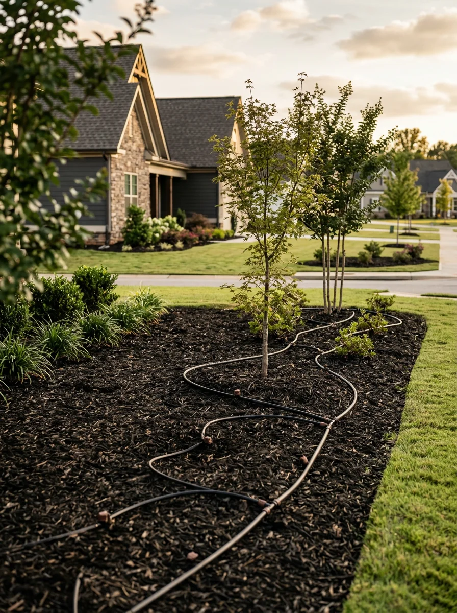 A freshly installed landscape bed with young trees and an irrigation system in a new construction neighborhood along the Pelham Road corridor in Greer, SC.