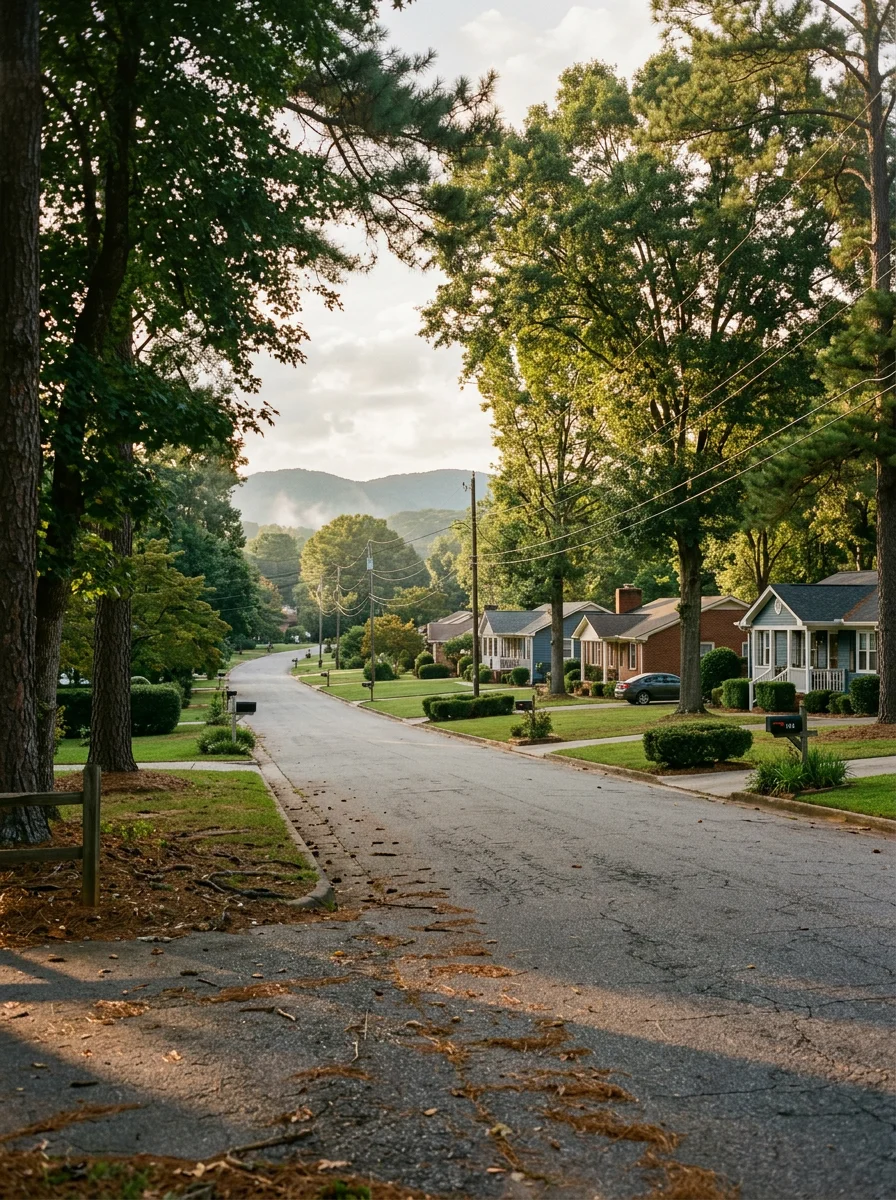 Scenic view of Blue Ridge Mountains from Inman, SC with mixed housing styles and tree-lined properties