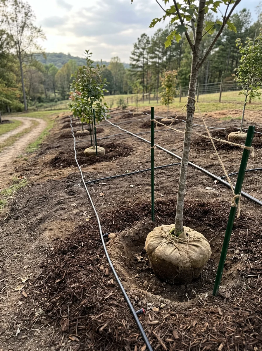 A landscape install in progress on a former farmland property in Landrum, SC with young trees being planted and irrigation lines being laid across compacted soil.