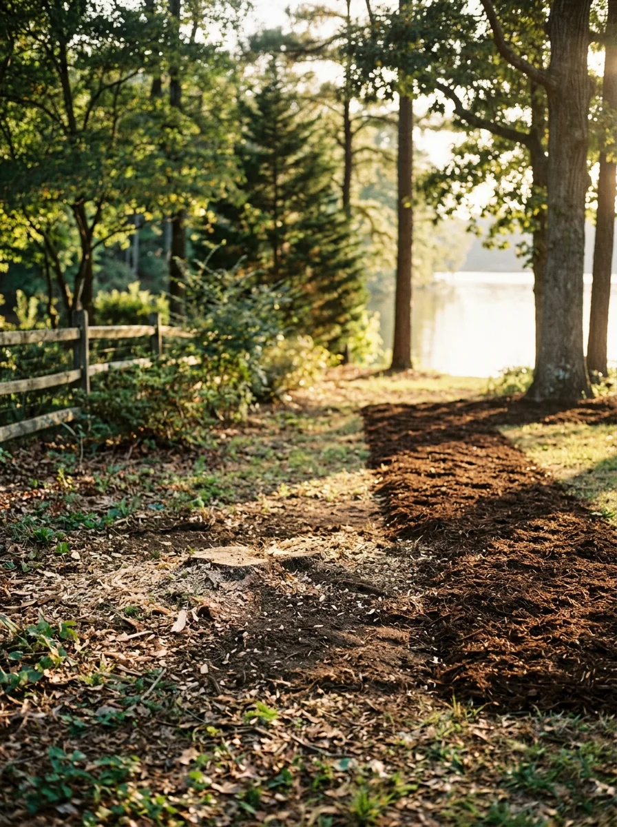 A freshly ground stump in a Lyman, SC residential yard with new mulch spread across the cleared area beside a lakeside property.