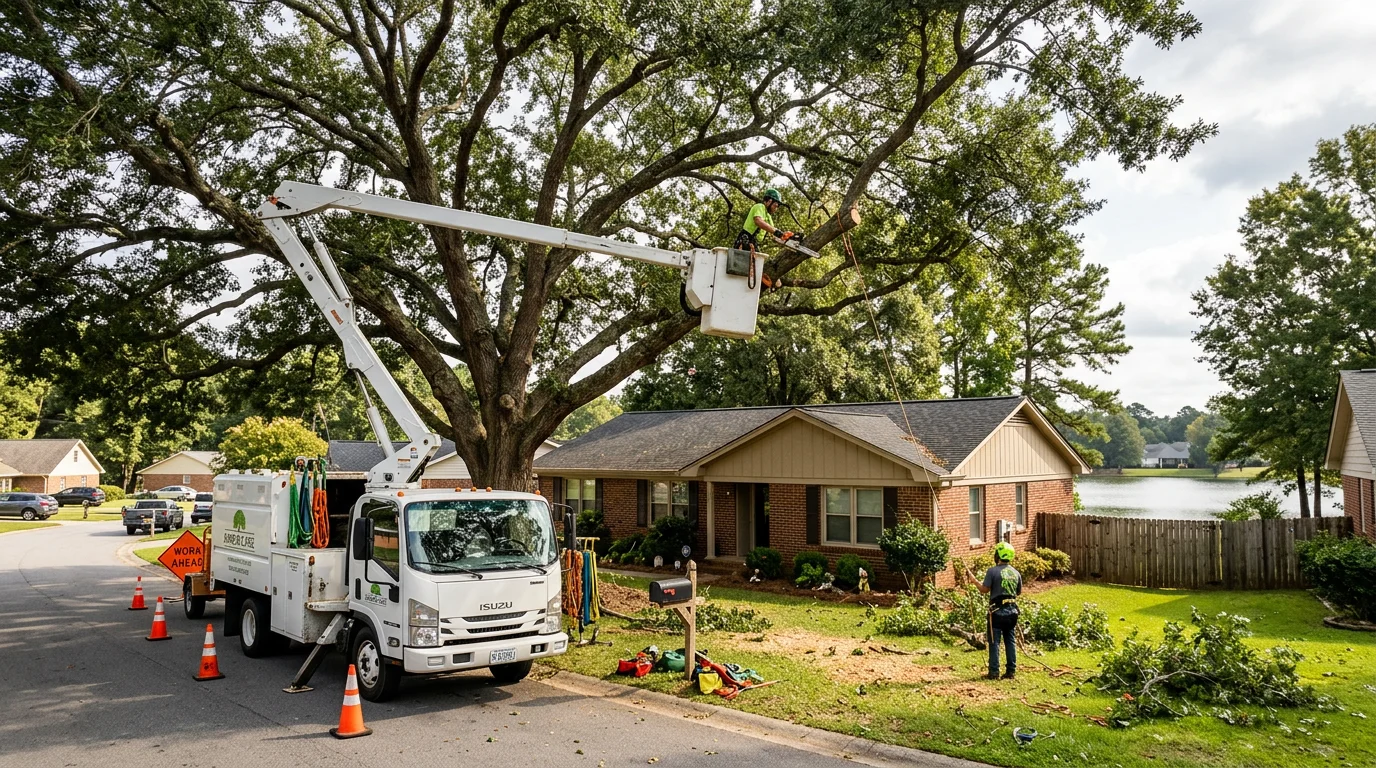 A tree crew performing directional trimming on a large mature oak overhanging a ranch-style home in a Lyman, SC subdivision near a lake.