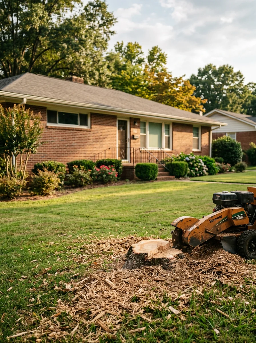A stump grinder working on a large hardwood stump in a Spartanburg, SC residential yard with a mid-century brick ranch home behind it.