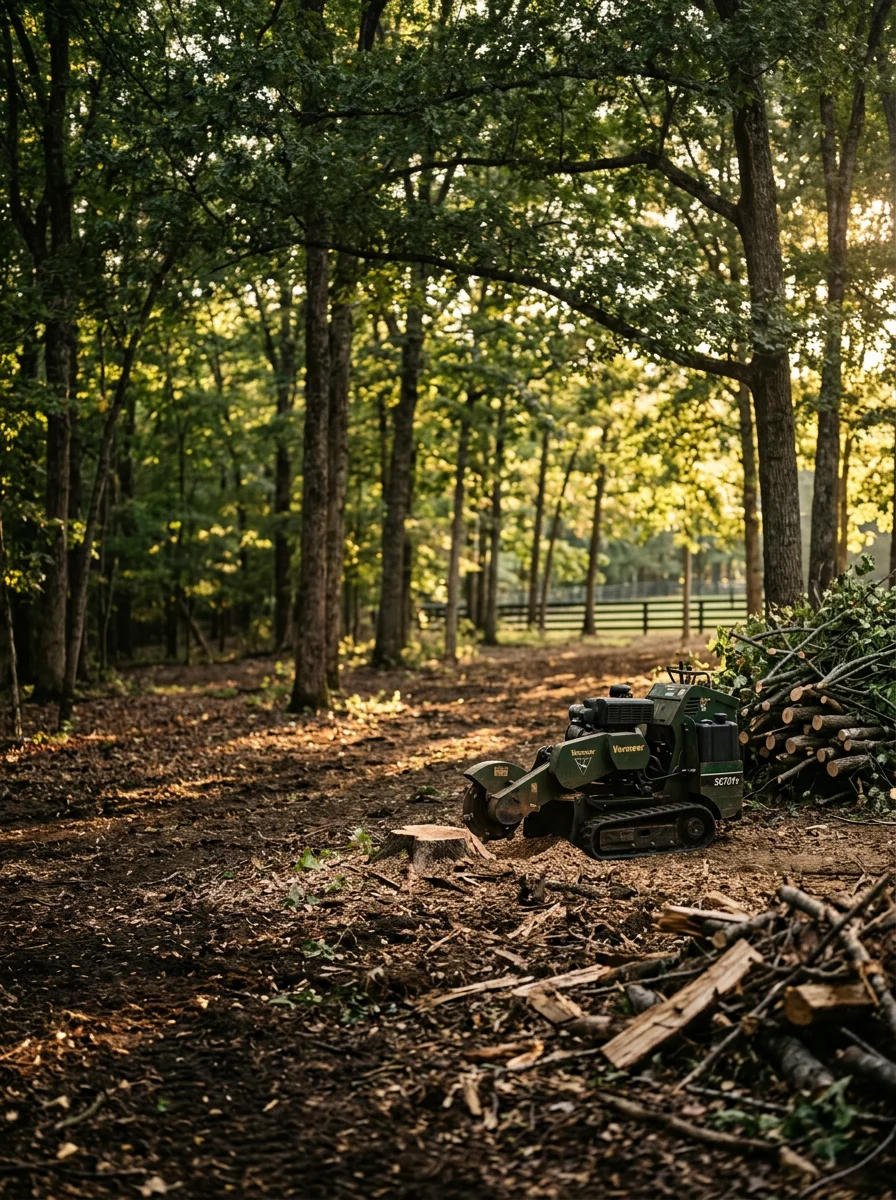 A cleared and underbrushed wooded parcel on a Tryon, NC equestrian property with a mature hardwood canopy preserved above an open understory.