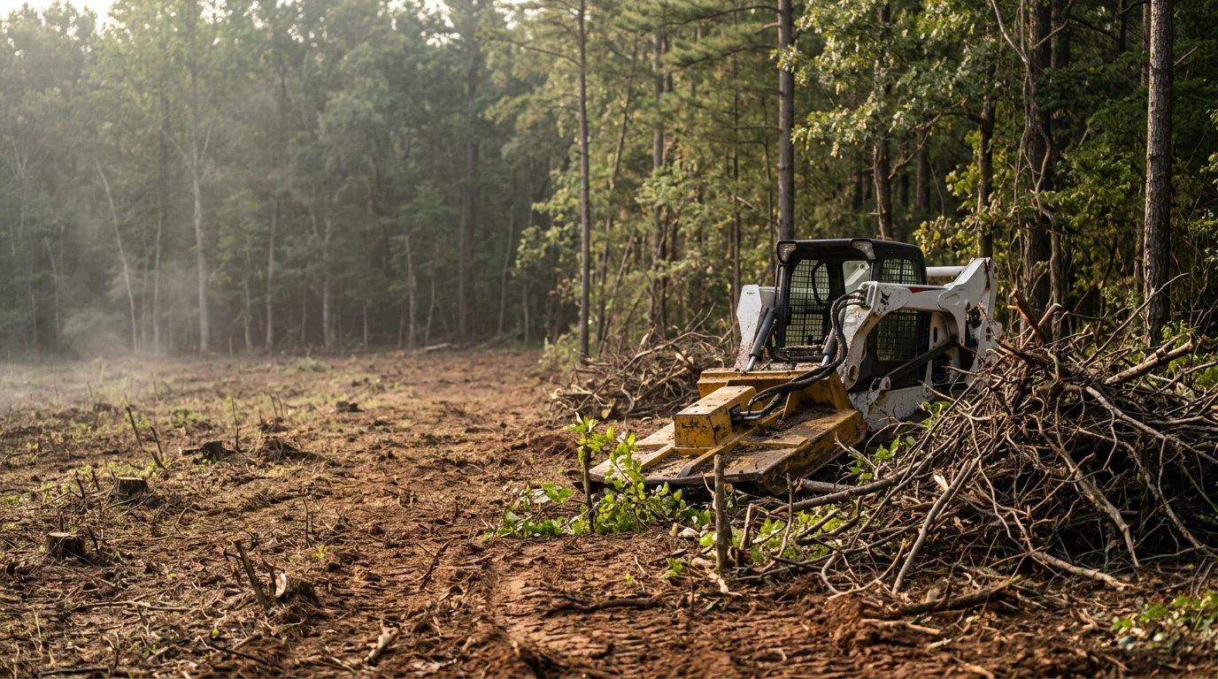 A cleared residential property in Lyman, SC, showing a clean open lot after brush cutting removed dense vines, overgrown saplings, and thick undergrowth. The tree line at the property edge remains intact while the ground is open and accessible.