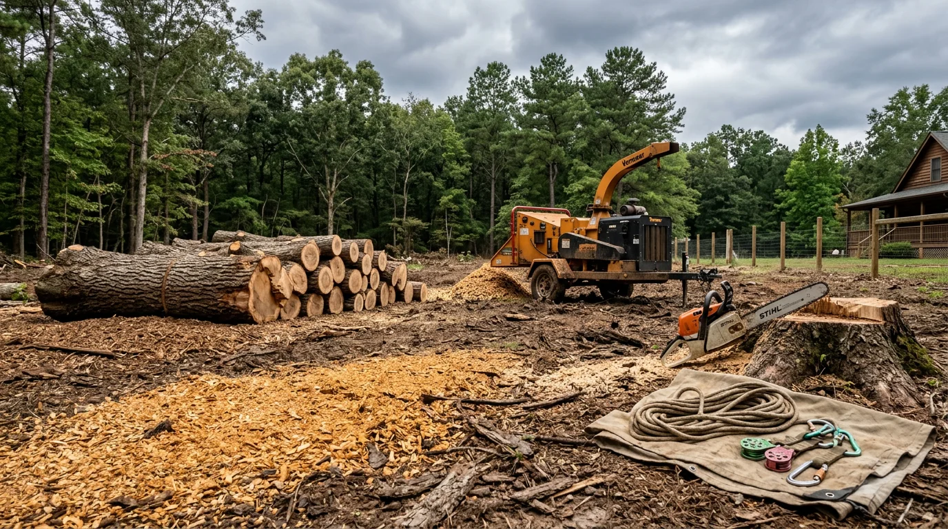 A large dead tree with bare branches and loose bark being removed from a residential yard in Lyman, SC. The trunk is sectioned and lowered near a wood fence with no damage to surrounding structures.
