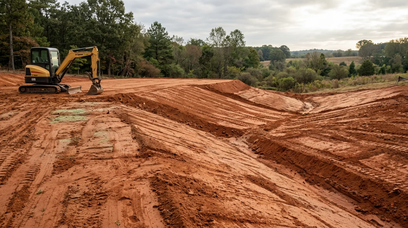 Excavator shaping and grading a clay-soil residential lot in Lyman, SC, with exposed earth contoured for drainage and a stable building pad visible in the foreground.