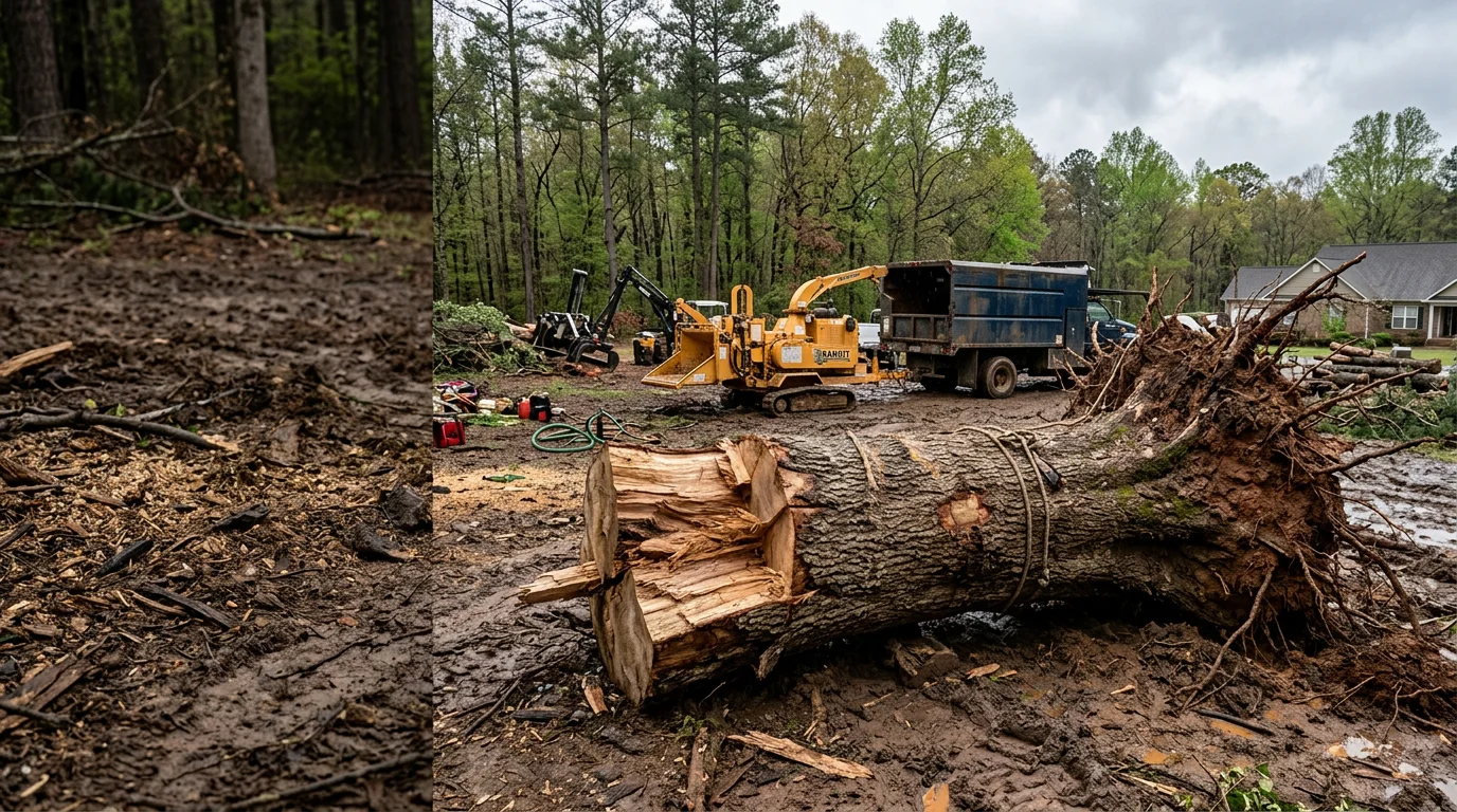A large storm-damaged tree split at the trunk being removed from a residential property in Lyman, SC. Cut sections are stacked on the lawn with debris cleared from the driveway.