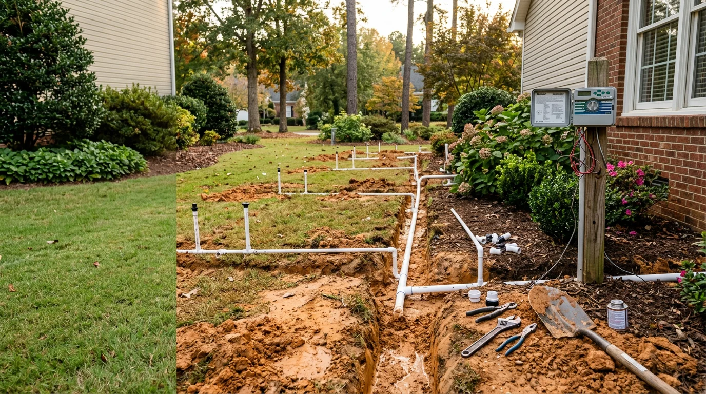 A freshly installed in-ground irrigation system with pop-up spray heads watering a green residential lawn in Lyman, SC. Sprinkler heads are evenly spaced across a well-maintained turf area on a sunny Upstate South Carolina afternoon.