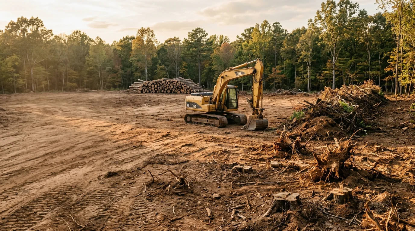 A cleared residential property in Lyman, SC with trees, brush, and stumps removed, leaving open ground ready for construction or landscaping. Upstate South Carolina wooded terrain visible at the property edge.