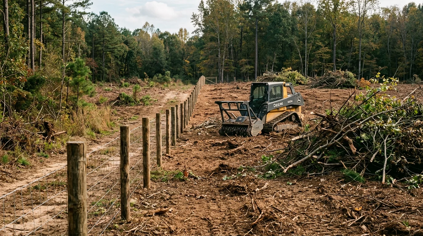 Cleared and maintained rural property in Lyman, SC with open fence lines and controlled brush after land management service. Usable acreage is visible with overgrowth cut back from the property boundaries.
