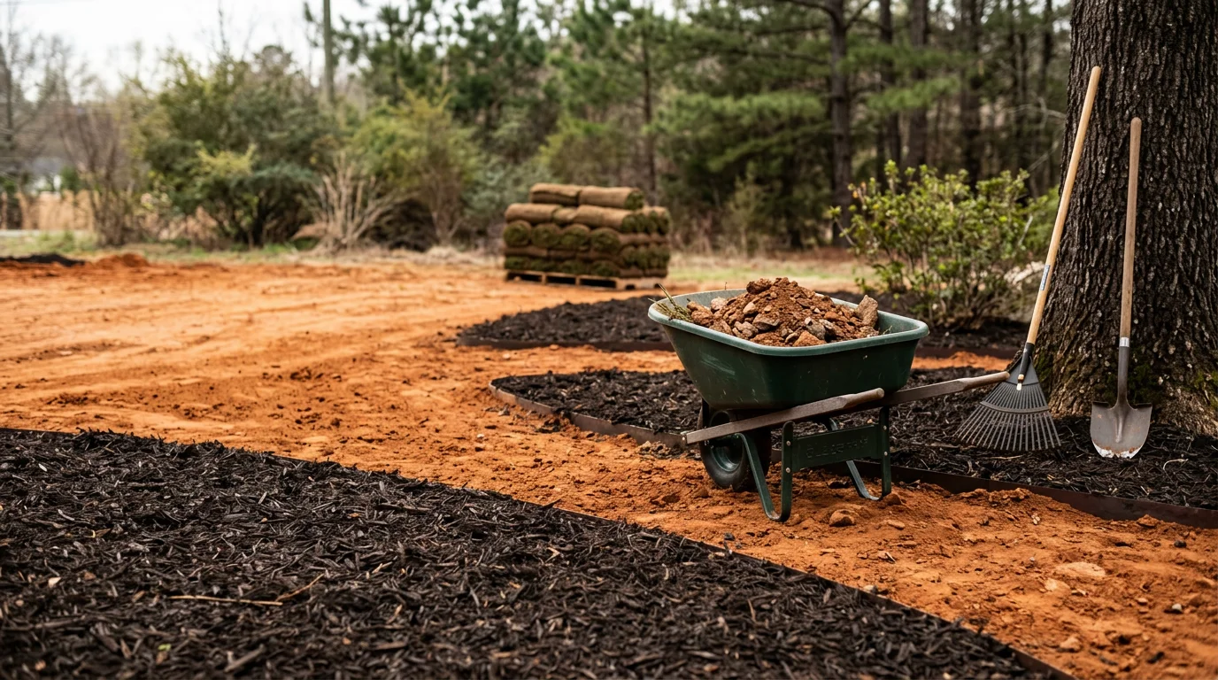 Freshly installed landscape beds with mulch, plants, and sod surrounding a single-family home in Lyman, SC. The yard shows graded soil and new plantings suited to the Upstate South Carolina climate.