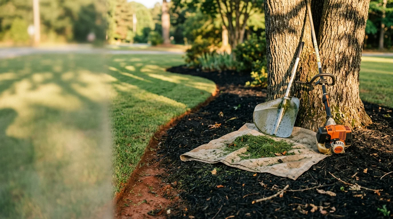 A neatly mowed and edged residential lawn in Lyman, SC with clean bed lines and trimmed grass along a driveway. Brown's Tree Service & Stump Removal landscape maintenance work on a Spartanburg County property.