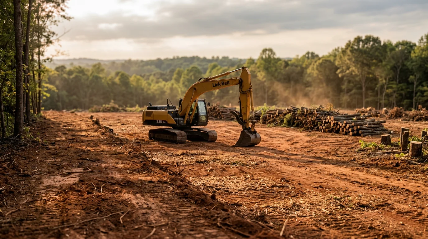 A freshly cleared residential lot in Lyman, SC with stumps removed and debris hauled away, showing open ground ready for construction. Surrounding Upstate South Carolina tree line visible at the property edge.