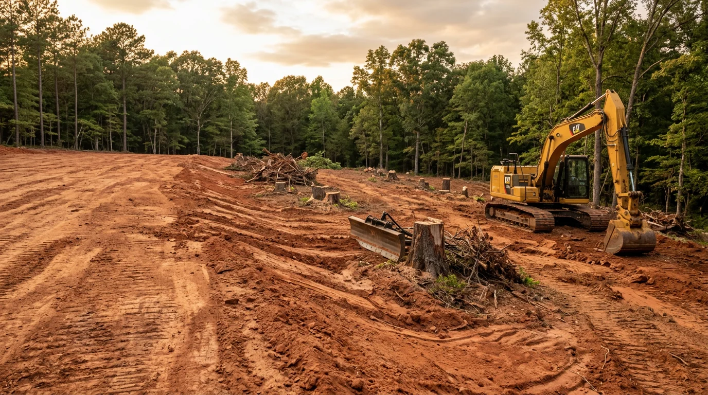 A freshly graded and cleared residential building site in Lyman, SC, with level soil and no remaining stumps or debris, ready for foundation work. Trees at the property edge remain intact while the build zone is open and prepared.