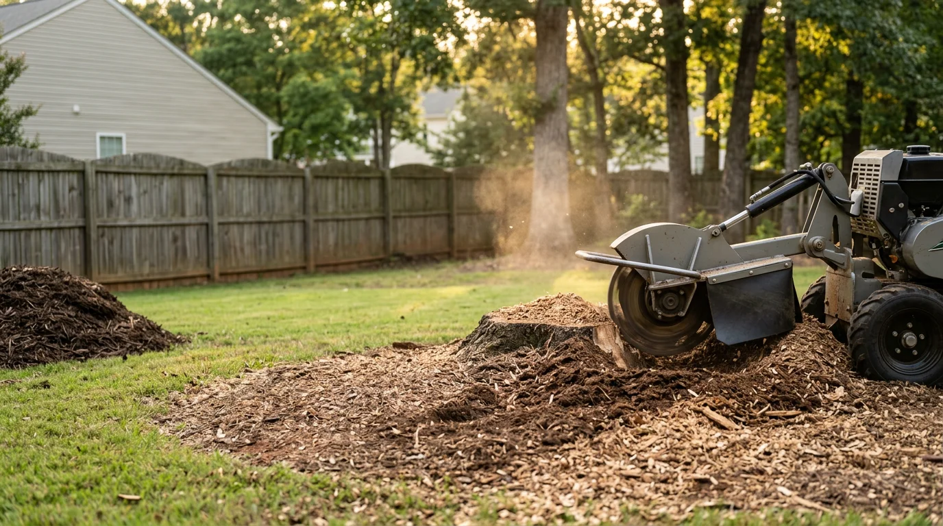 A freshly ground tree stump in a residential backyard in Lyman, SC, with wood chips spread level across the cleared area. The surrounding lawn is intact and the space is open and ready for new grass or landscaping.