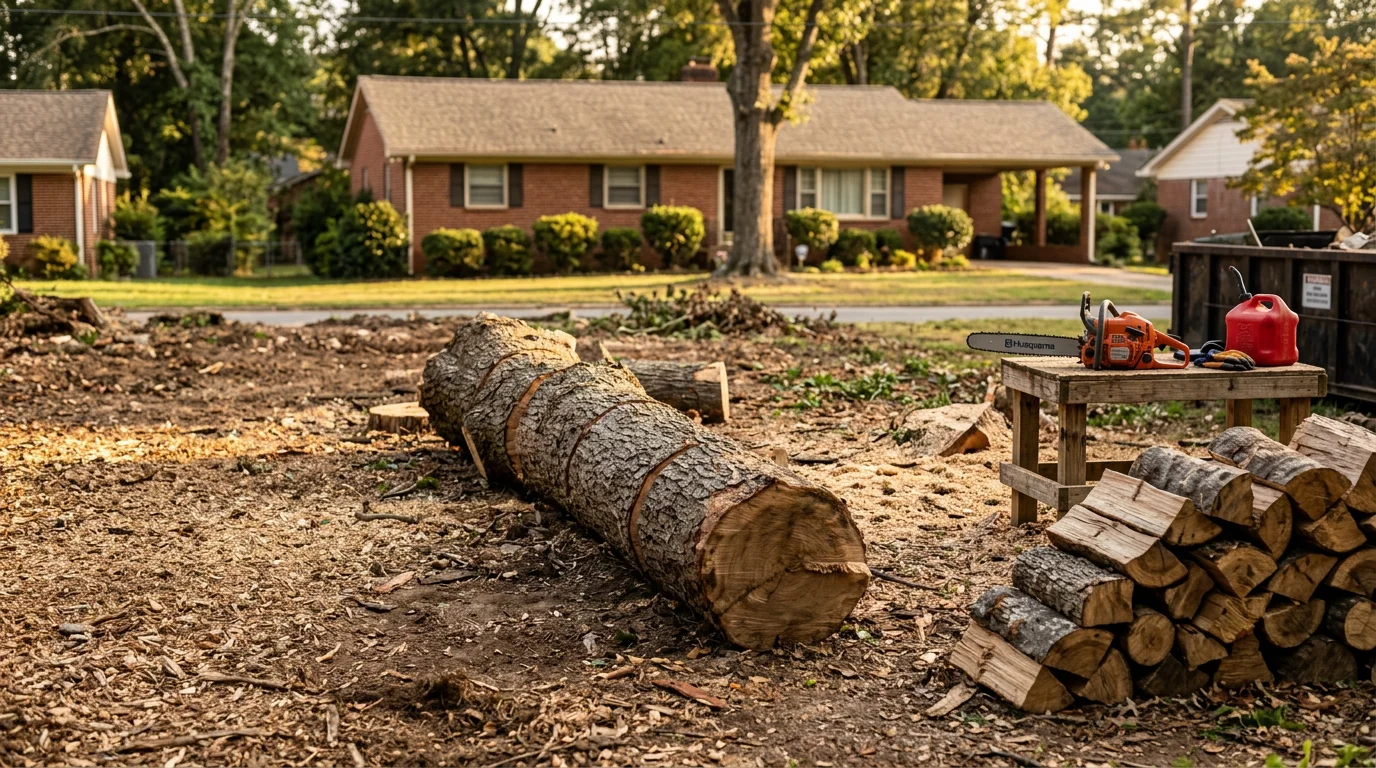 A large tree being removed from a residential yard in Lyman, SC, with cut sections on the ground and a cleared area beside a single-family home. A locally owned tree service crew works to safely fell the remaining trunk away from the structure.