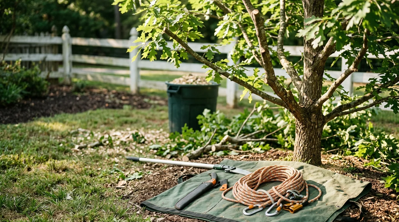 A tree trimming crew removing deadwood and shaping the canopy of a large oak tree in a residential yard in Lyman, SC. Trimmed limbs are stacked on the lawn with the home visible in the background.