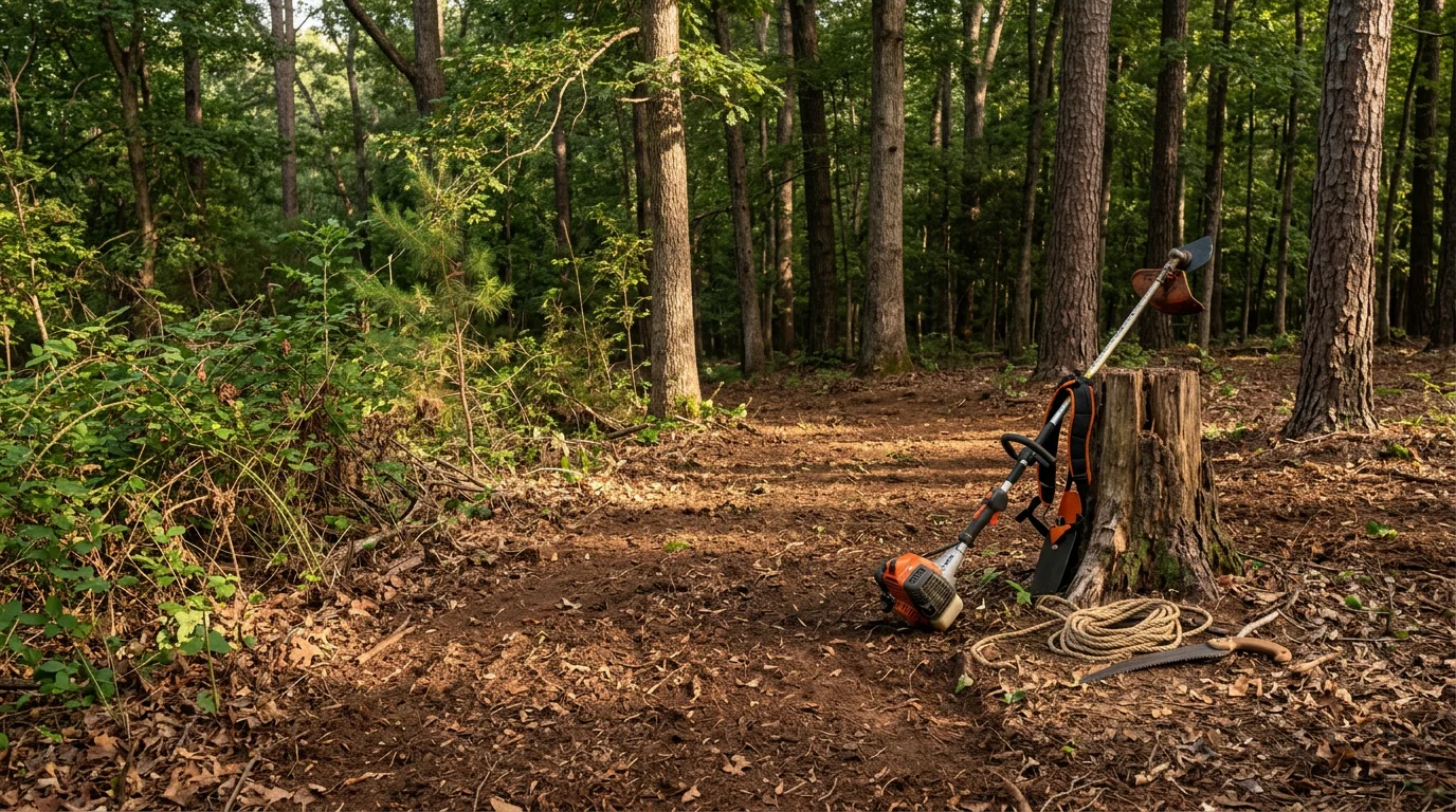 A wooded residential lot in Lyman, SC after underbrushing service, showing a clear forest floor with mature trees preserved and dense undergrowth removed. The cleared land reveals open space between established trees with no brush piles or debris remaining.